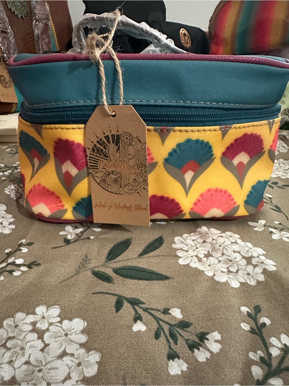 Floral Fan Print Cosmetic Bag in Teal, Yellow & Pink